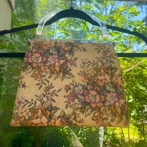 Floral vintage clutch with acrylic handle